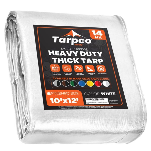 Tarpco Safety 12 ft L x 0.5 mm H x 10 ft W Heavy Duty 14 Mil Tarp, White, Polyethylene TS-104-10X12